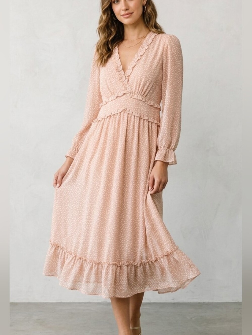 ADDHEAT Boho Midi Dress Long Sleeve Ruffle Trim V Neck Tiered Floral Print Lg